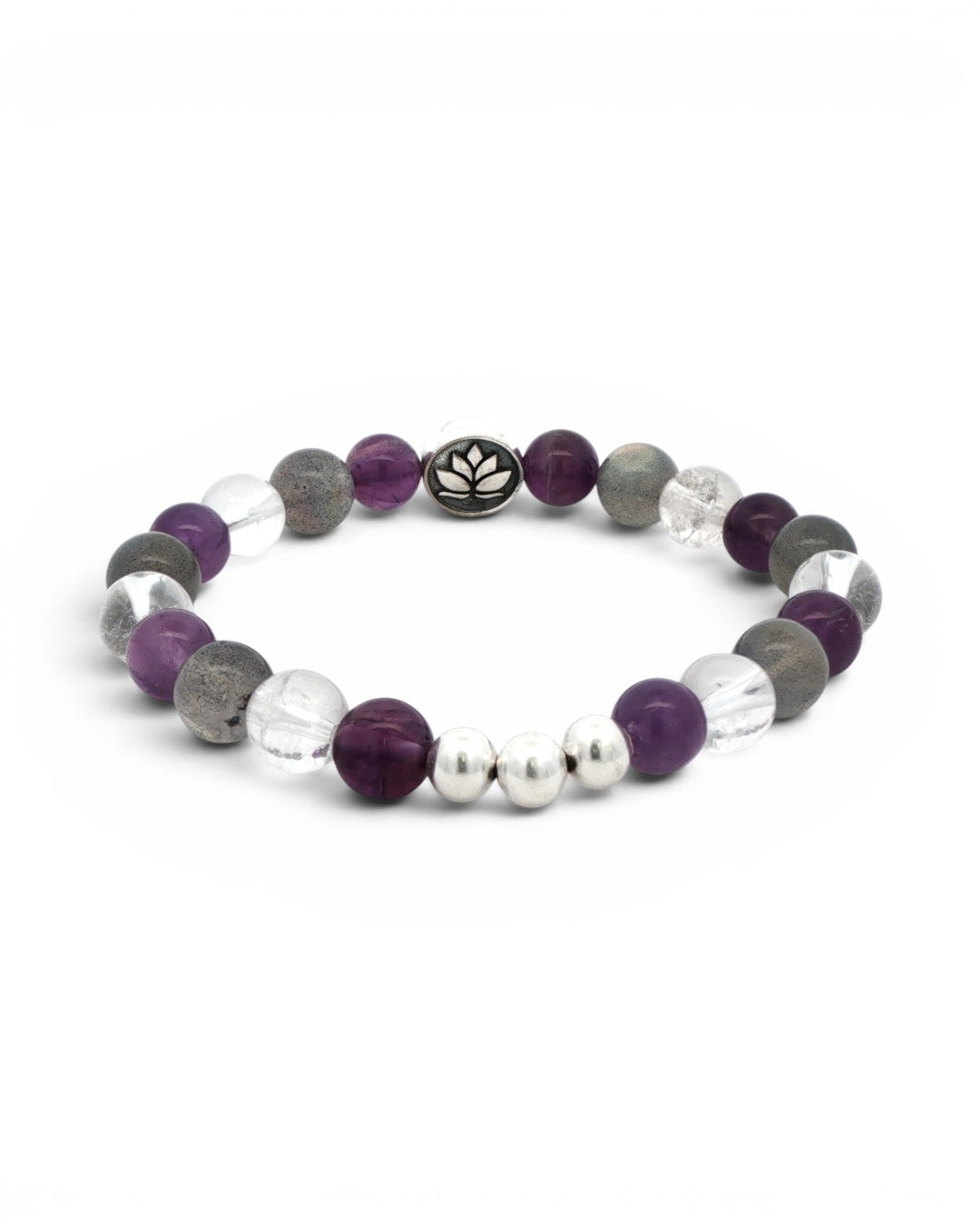 Amethyst, labradorite, and clear quartz lotus stretch bracelet shown at a side angle, silver accent beads visible