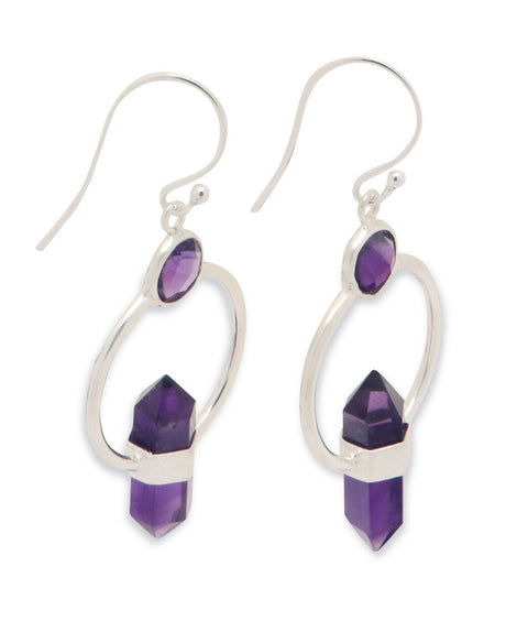 Amethyst Point Earrings – Sterling Silver Geometric Dangle Design - Jewelry