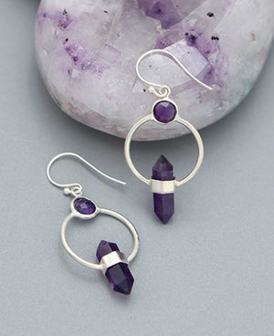 Amethyst Point Earrings – Sterling Silver Geometric Dangle Design - Jewelry