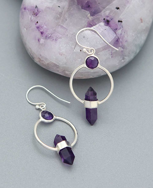 Amethyst Point Earrings – Sterling Silver Geometric Dangle Design - Jewelry