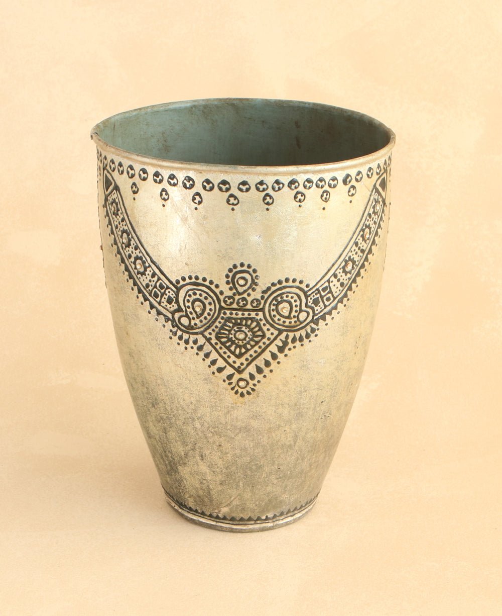 Antique Finish Metallic Embossed Vase, India - Accents