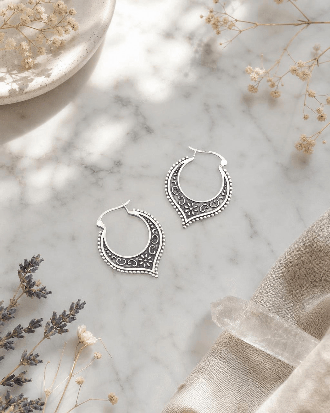 Antique Sterling Silver Lotus Petal Hoop Earrings - Earrings