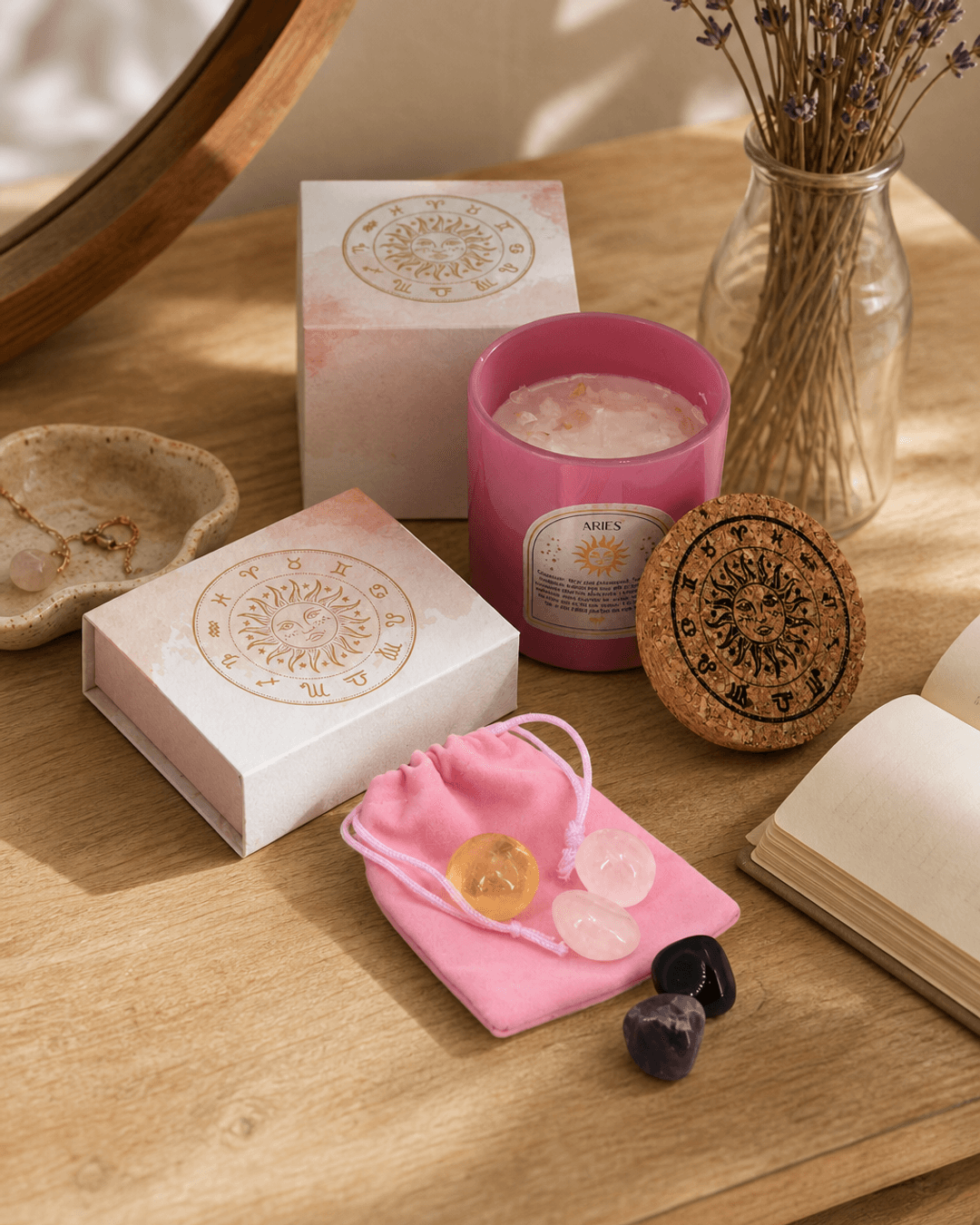 Aries Zodiac Candle & Crystal Tumblestone Set - Candles