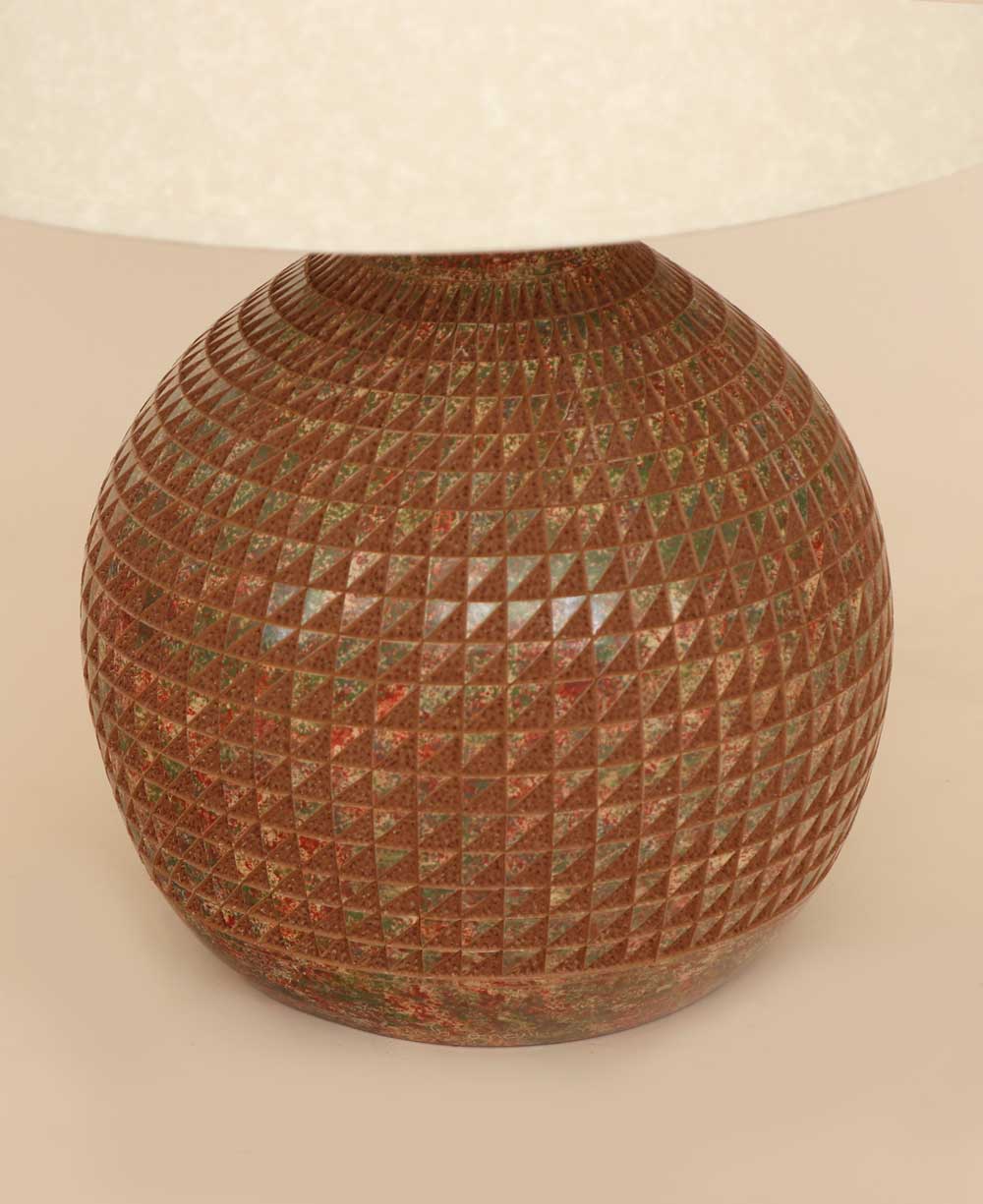 Artisan-made Round Ceramic Table Lamp with Geometric Etching, Nicaragua - Lamps