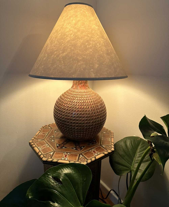 Artisan - made Round Ceramic Table Lamp with Geometric Etching, Nicaragua - Lamps