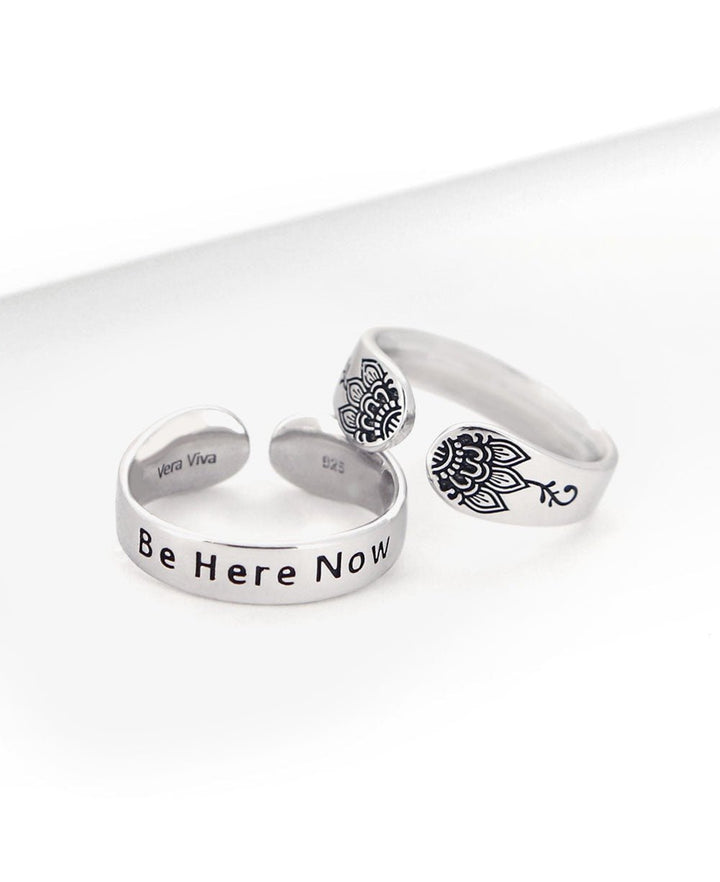 Be Here Now Adjustable Inspirational Sterling Silver Ring - Rings