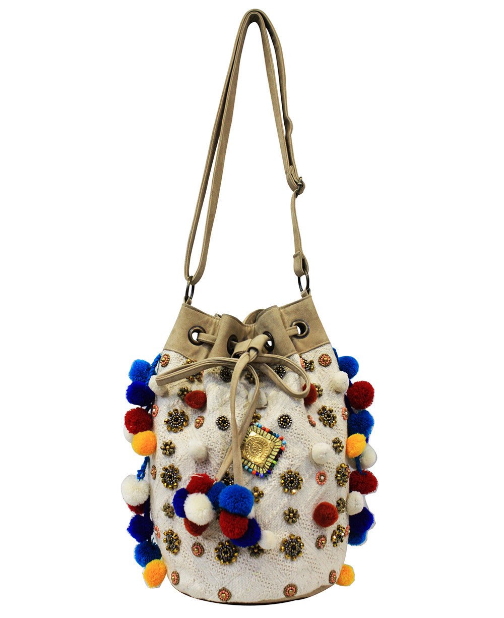 Beaded Indian Floral Pom - Pom Bag - Apparel