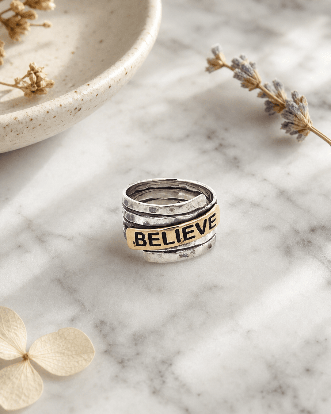 Believe Sterling Silver Hammered Finish Ring - Rings Size 6