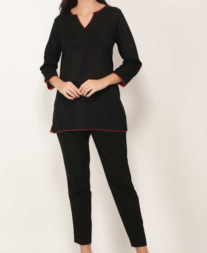 Black And Red Woven Cotton Tunic Top - Shirts & Tops S