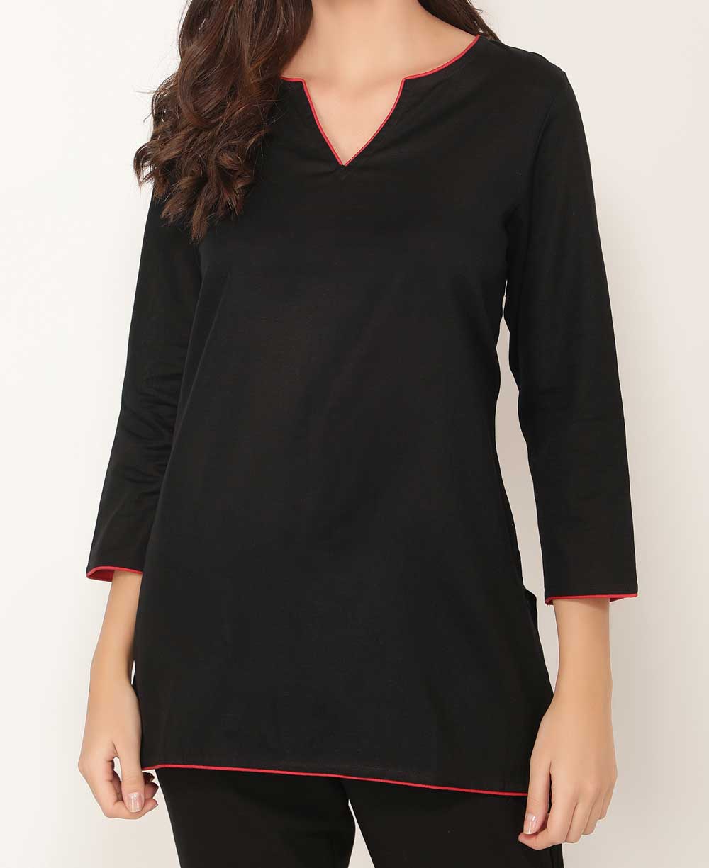 Black And Red Woven Cotton Tunic Top - Shirts & Tops S