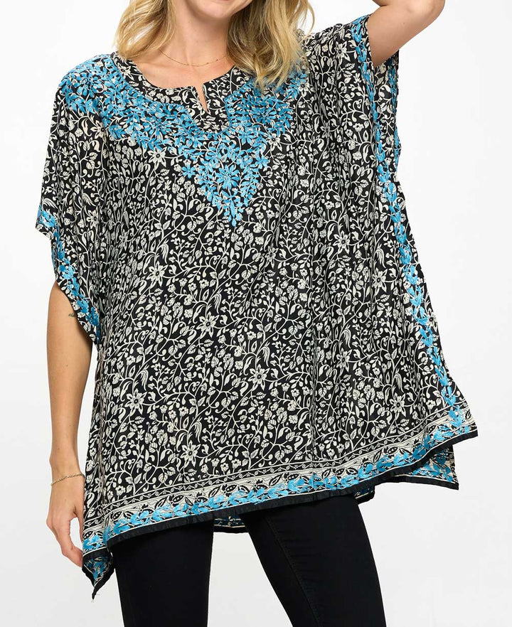 Black and White Poncho Wrap Top With Hand Embroidery - Shirts & Tops