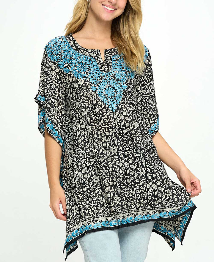 Black and White Poncho Wrap Top With Hand Embroidery - Shirts & Tops