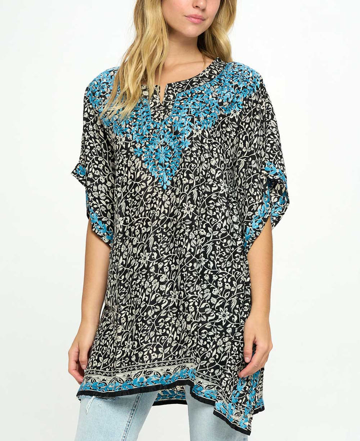 Black and White Poncho Wrap Top With Hand Embroidery - Shirts & Tops