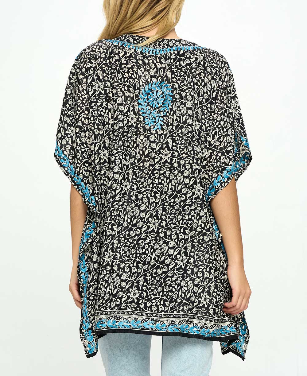 Black and White Poncho Wrap Top With Hand Embroidery - Shirts & Tops