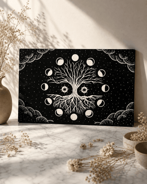 Black Leatherette Tree of Life & Moon Phases Wall Hanging – A Symbol of Our Journey and Interconnectedness - Posters, Prints, & Visual Artwork