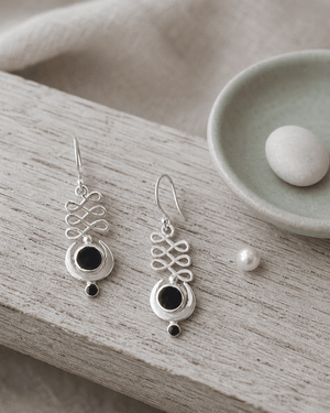 Black Onyx and Sterling Silver Unalome Moon Earrings - Earrings