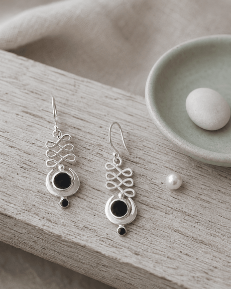 Black Onyx and Sterling Silver Unalome Moon Earrings - Earrings