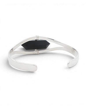 Top view of silver black onyx cuff bracelet showing the open adjustable design with tapered ends