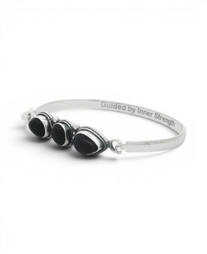 Black Onyx Three - Stone Bracelet — Guided by Inner Strength Engraved Cuff - Jewelry