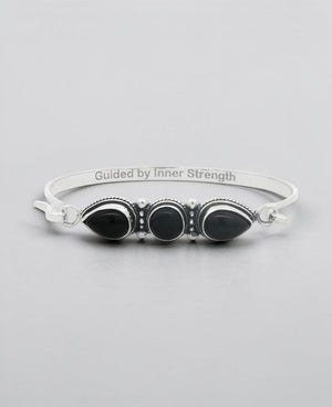 Black Onyx Three - Stone Bracelet — Guided by Inner Strength Engraved Cuff - Jewelry