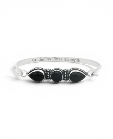 Black Onyx Three - Stone Bracelet — Guided by Inner Strength Engraved Cuff - Jewelry