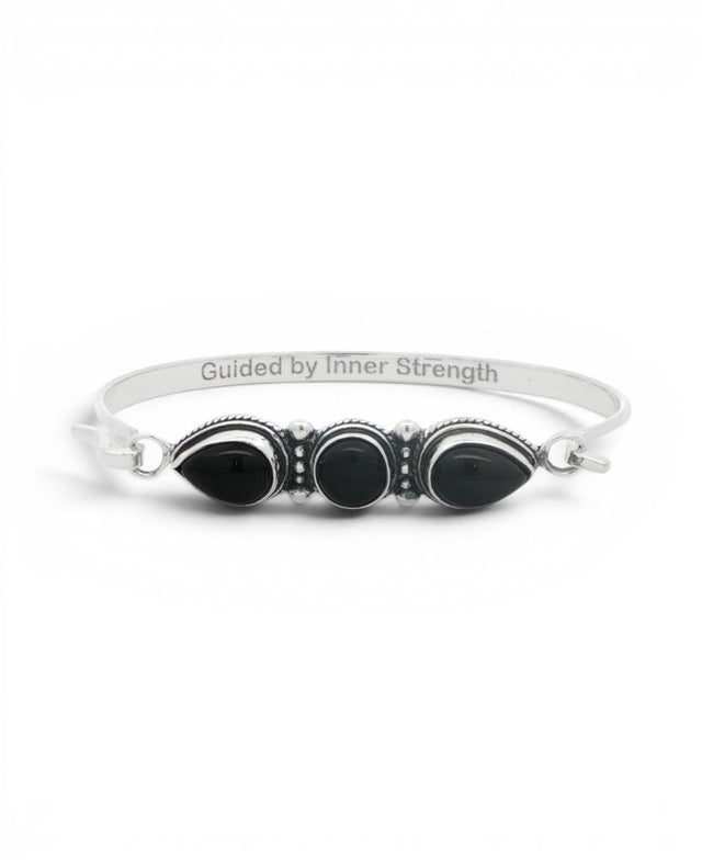 Black Onyx Three - Stone Bracelet — Guided by Inner Strength Engraved Cuff - Jewelry