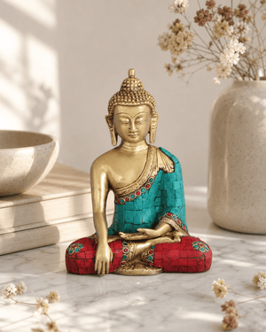 Brass Shakyamuni Buddha statue with colorful painted detailing displayed on white marble surface