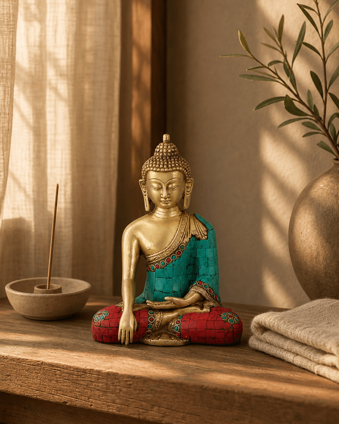 Brass Shakyamuni Buddha statue with colorful painted detailing displayed in a serene meditation corner setting