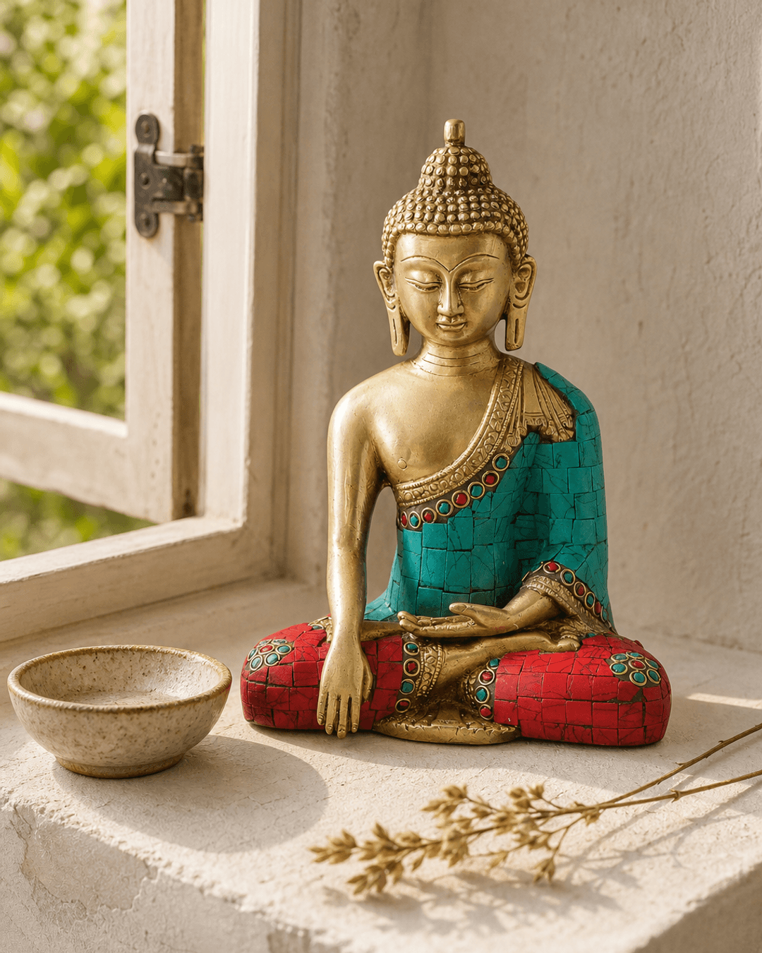 Brass Shakyamuni Buddha statue with colorful painted detailing displayed on a sunlit outdoor window ledge