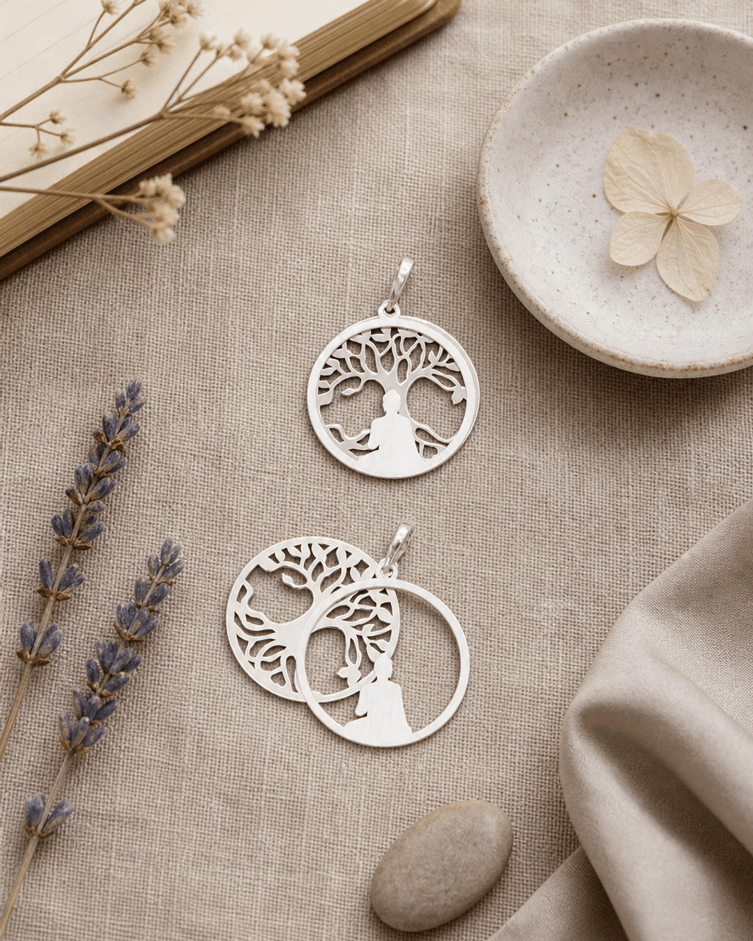 Buddha Pendant with Layered Bodhi Tree in Sterling Silver - Pendant