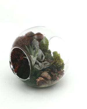 Open-end glass terrarium with Buddha figurine and moss tilted to show the round side opening, angled view