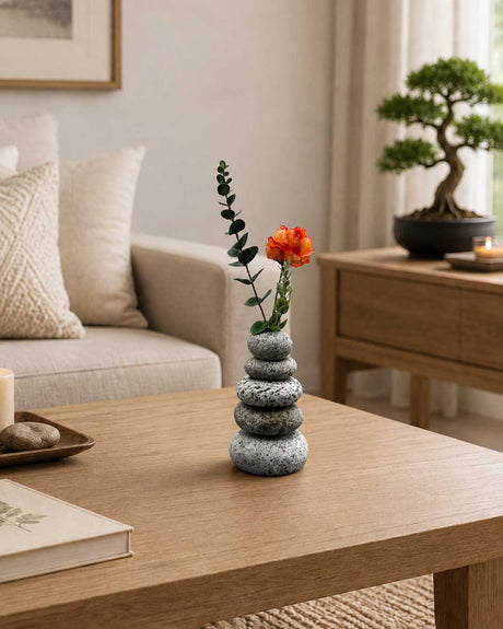 Stacked stone cairn bud vase holding an orange rose and eucalyptus stem on a wood coffee table in a living room