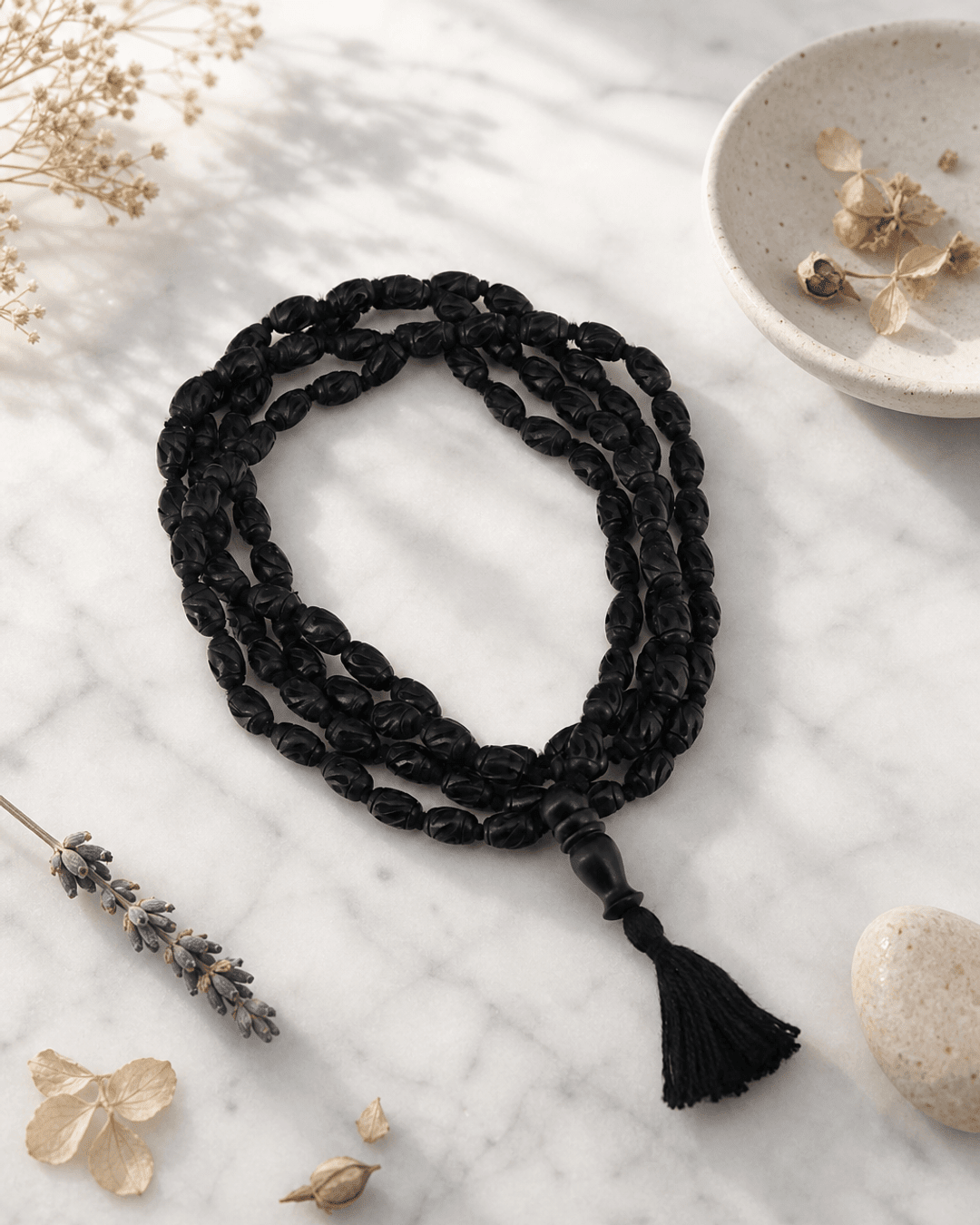 Carved Ebony Wood Meditation Mala with Knotted Beads - Prayer Beads 54 Beads