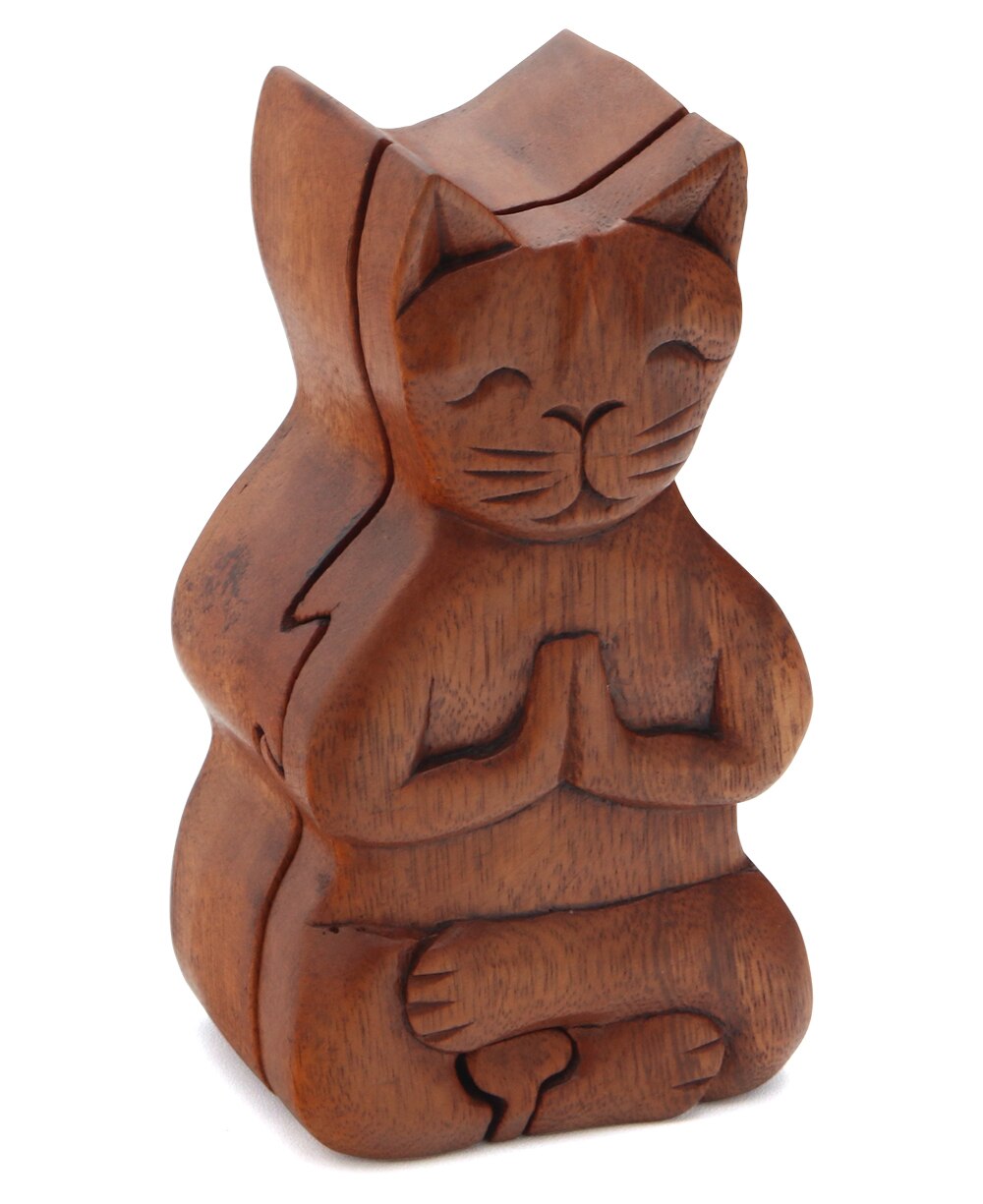 Hand Carved Namaste Cat Puzzle Box