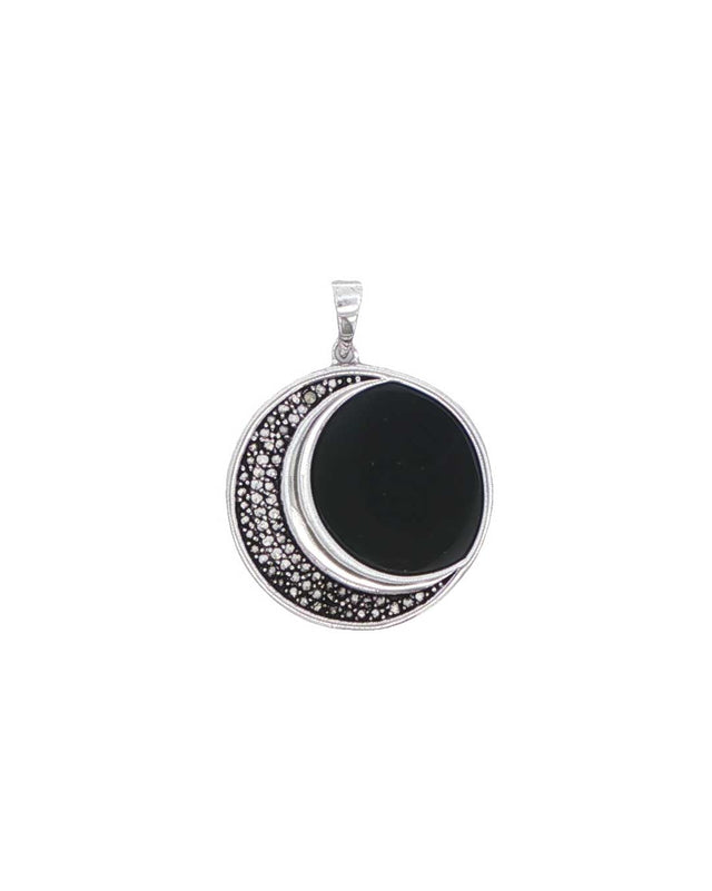 Celestial Crescent Moon Pendant – Sterling Silver with Black Onyx & Marcasite - Pendant