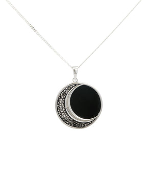 Celestial Crescent Moon Pendant – Sterling Silver with Black Onyx & Marcasite - Pendant