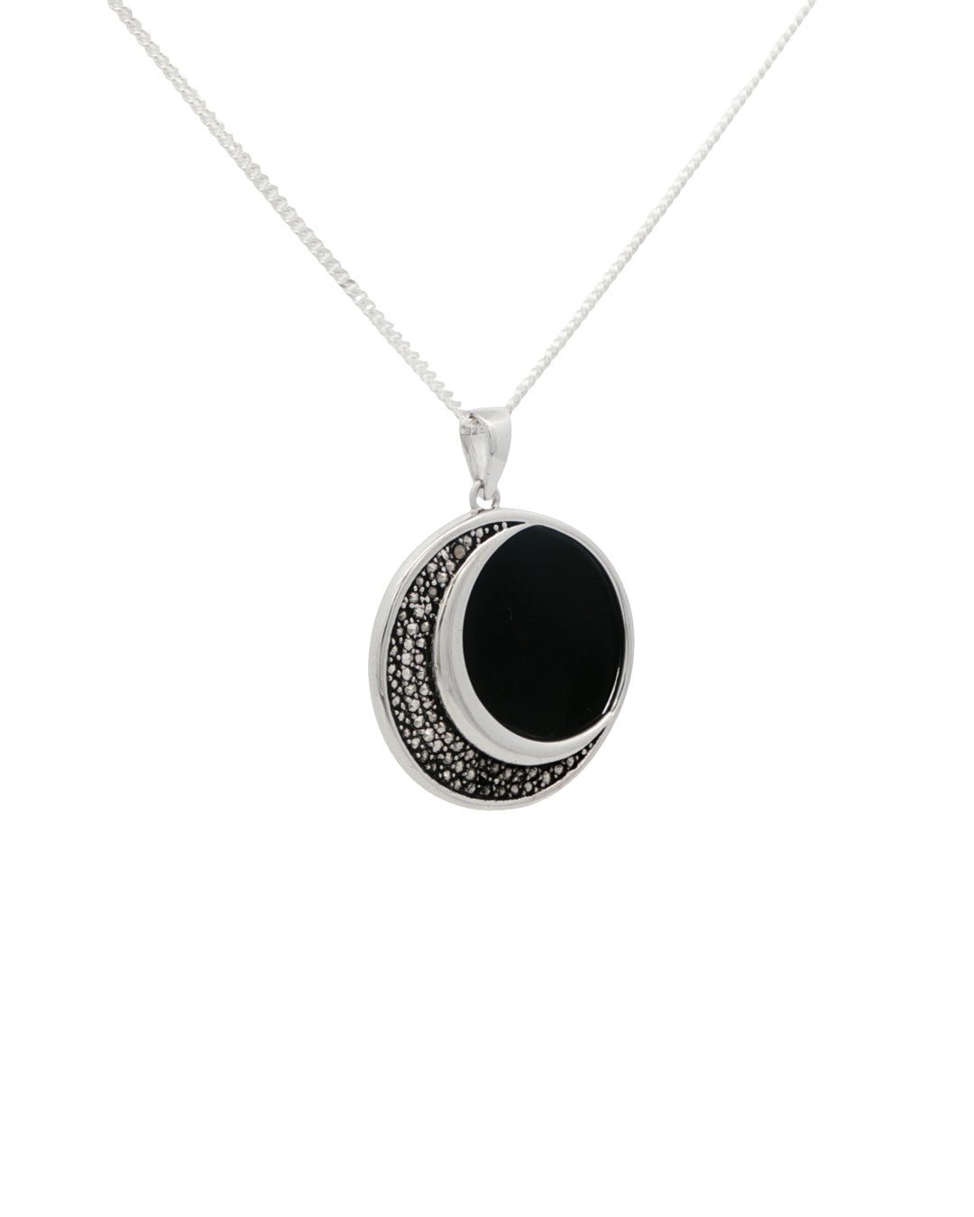 Celestial Crescent Moon Pendant – Sterling Silver with Black Onyx & Marcasite - Pendant