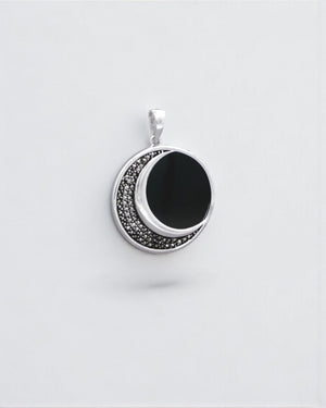Celestial Crescent Moon Pendant – Sterling Silver with Black Onyx & Marcasite - Pendant