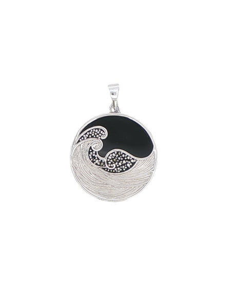 Celestial Midnight Wave Pendant – Sterling Silver with Onyx & Marcasite - Pendant