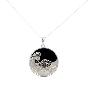Celestial Midnight Wave Pendant – Sterling Silver with Onyx & Marcasite - Pendant