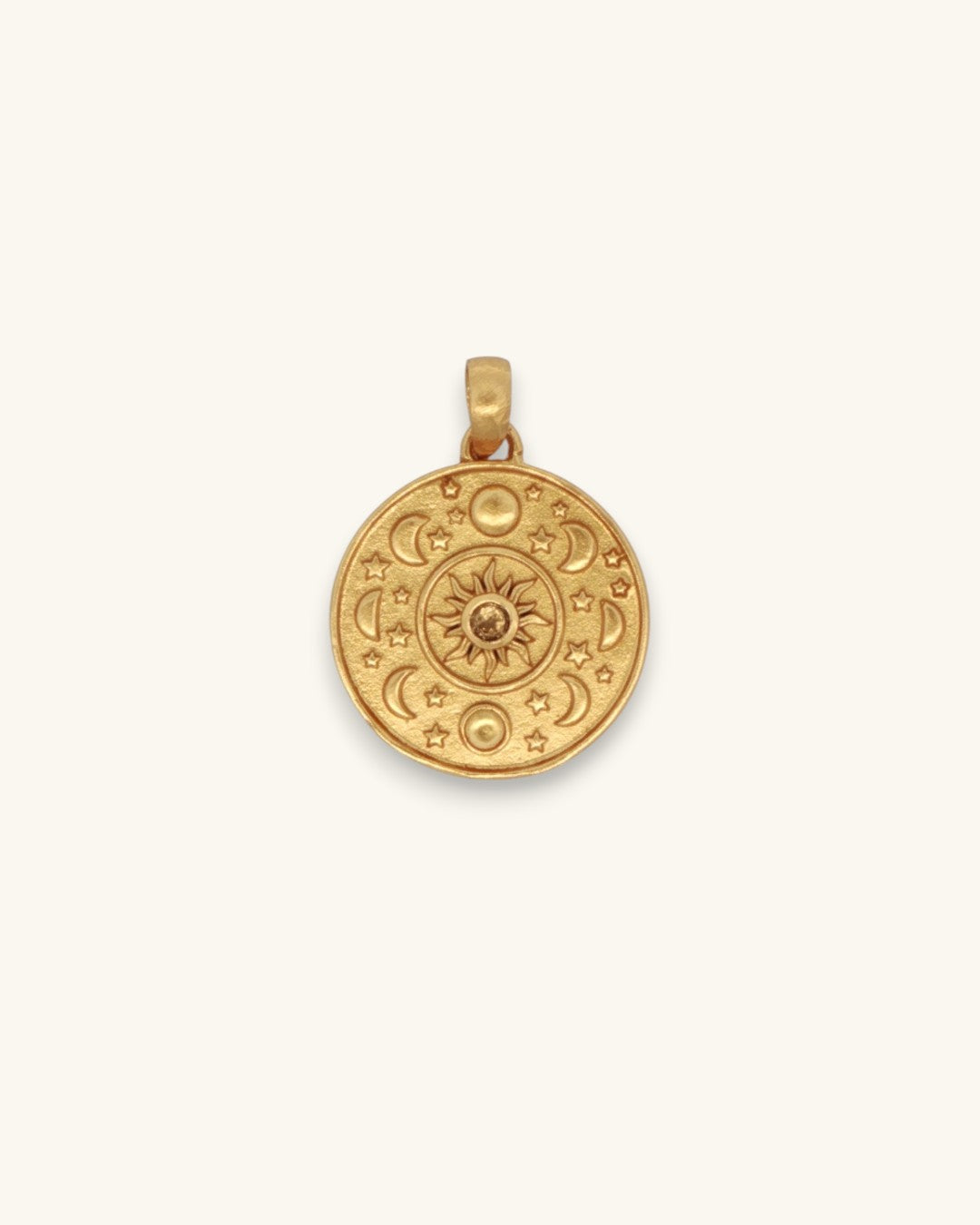Celestial Sun and Moon Citrine Pendant in gold-plated brass, front view showing engraved sun, moon phases, and stars