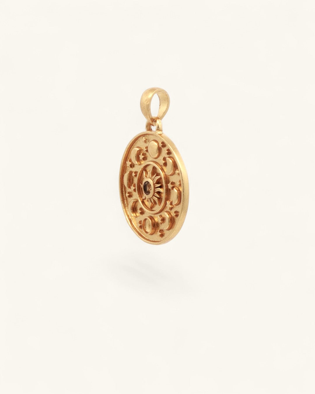 Celestial Sun and Moon Citrine Pendant in gold-plated brass, side profile view showing disk edge thickness and depth