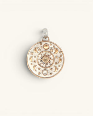 Celestial Sun Moon Phases Pendant front view showing bronze sun with citrine center, moon phase ring, and silver-plated disc
