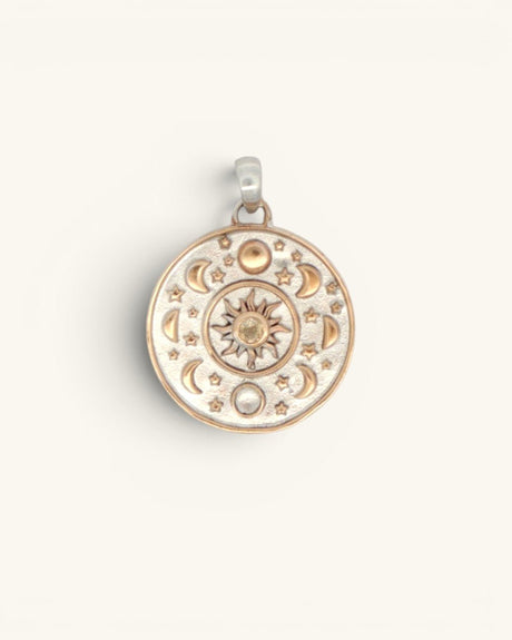 Celestial Sun Moon Phases Pendant with Citrine — Silver-Plated Bronze - Pendant