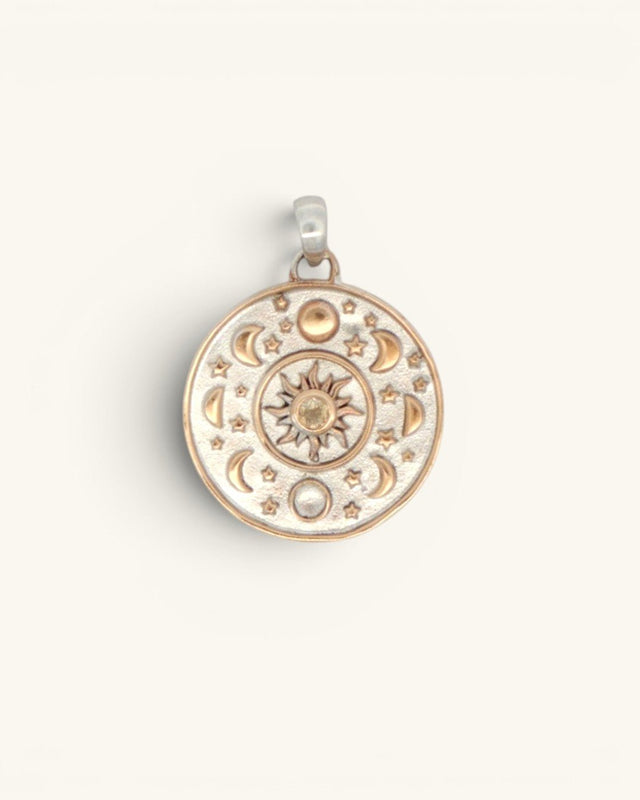 Celestial Sun Moon Phases Pendant with Citrine — Silver-Plated Bronze - Pendant