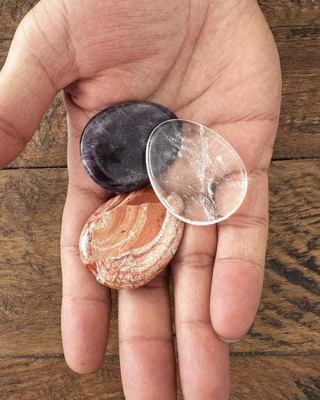 Chakra - Aligned Worry Stone Trio – Amethyst, Clear Quartz & Red Agate Palm Stones (Set of 3) - Decor