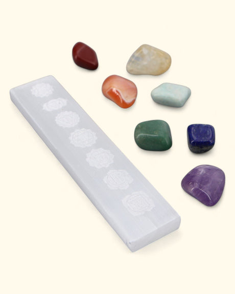 Chakra Healing Stone Set with Selenite Charging Plate – 7 Gemstones + Engraved Crystal Tray - New