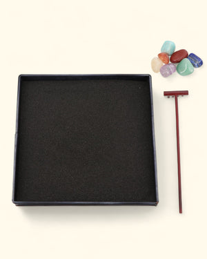 Chakra Stone Zen Garden – Mini Tabletop Meditation Kit with Black Sand and Rake - Sand Boxes