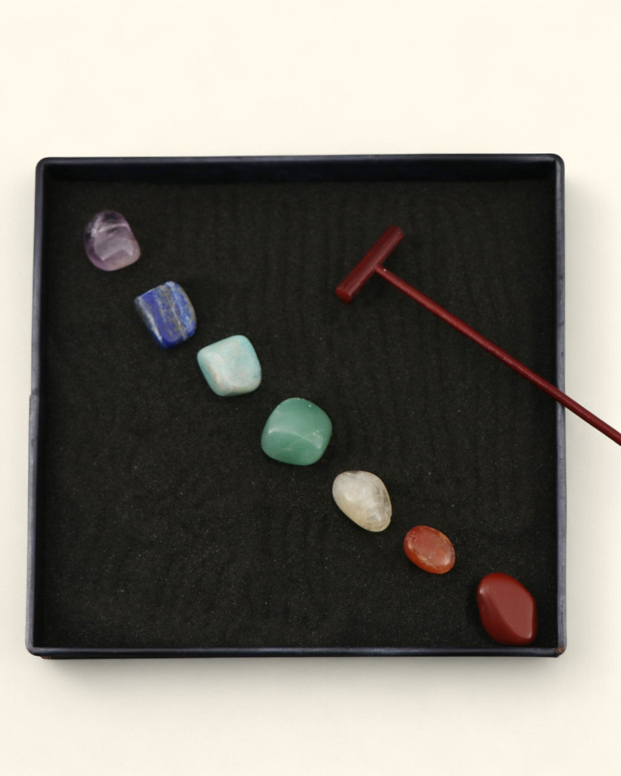Chakra Stone Zen Garden – Mini Tabletop Meditation Kit with Black Sand and Rake - Sand Boxes