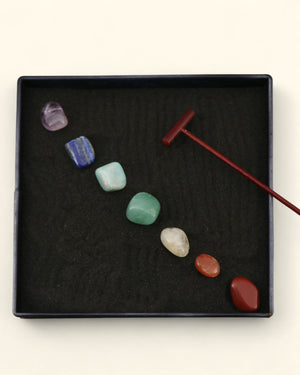 Chakra Stone Zen Garden – Mini Tabletop Meditation Kit with Black Sand and Rake - Sand Boxes